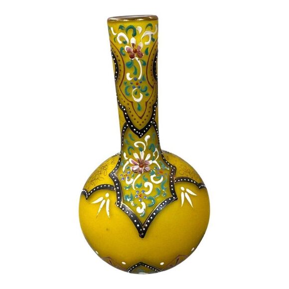 Antique Webb Moroccan Yellow Glass Vase Set Hand-Painted Floral Glows Orange - Picture 7 of 13